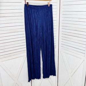 Slinky Brand Plisse Crinkle Pleat Wide Leg Palazzo Pants Blue Medium